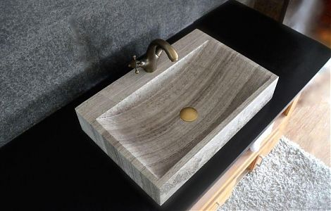 Раковина в ванную комнату из серого травертина изображение 6